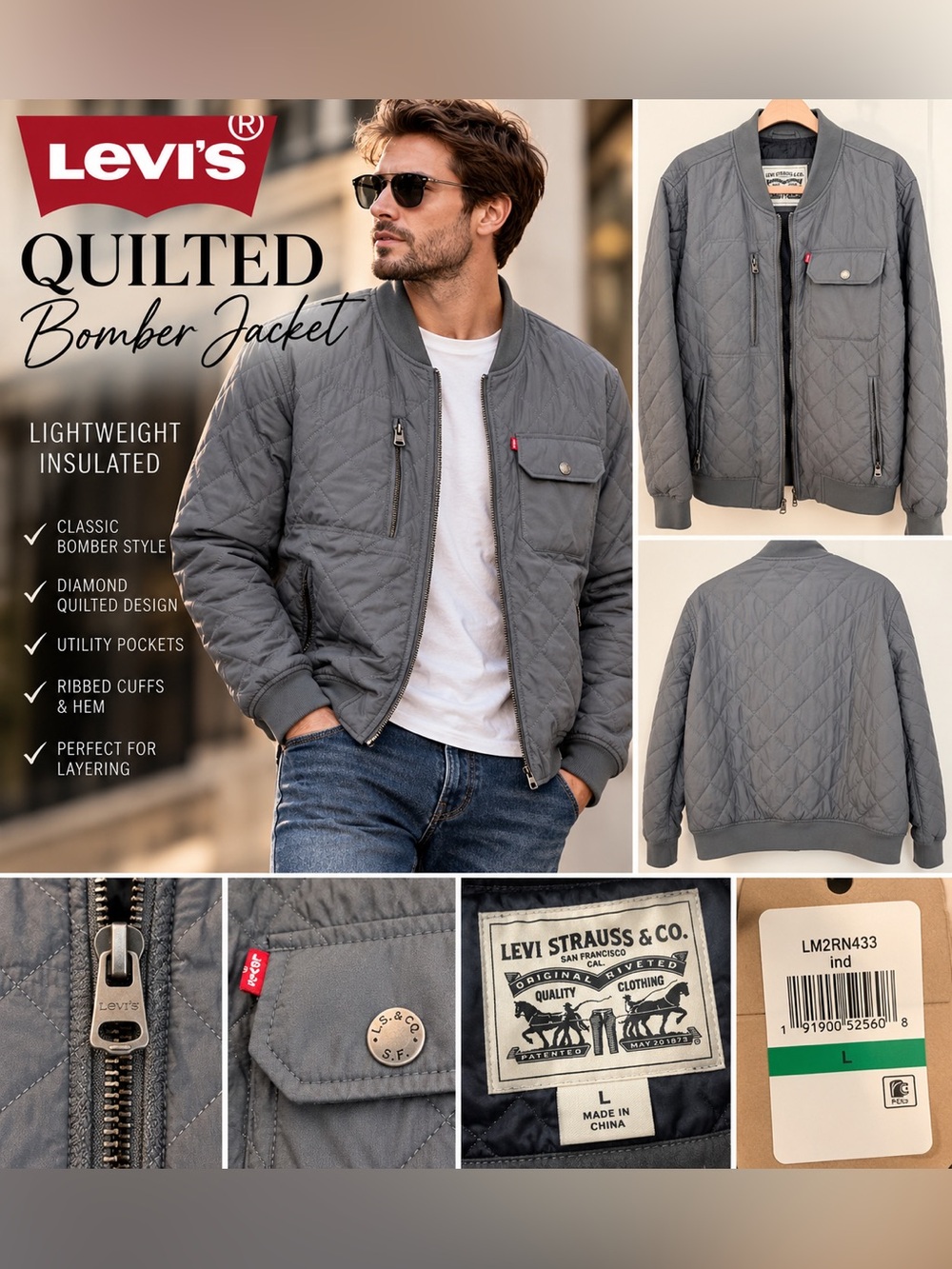 Levi’s NWT Gray Quilted Bomber Jacket Lightweight Insulated Utility Coat L